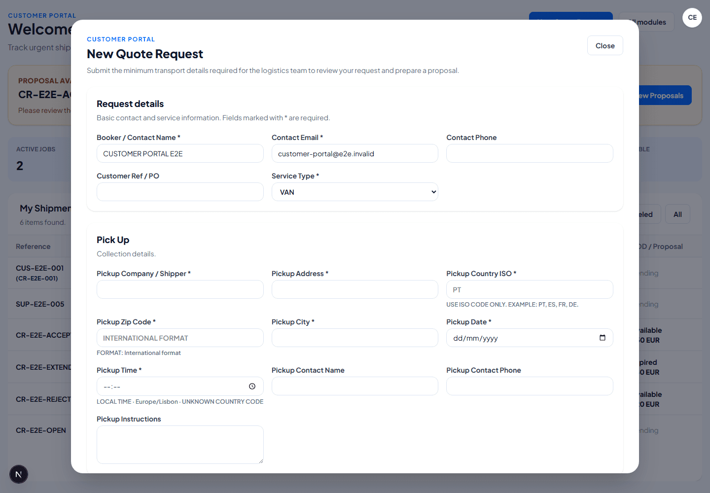 Customer Portal new quote request form