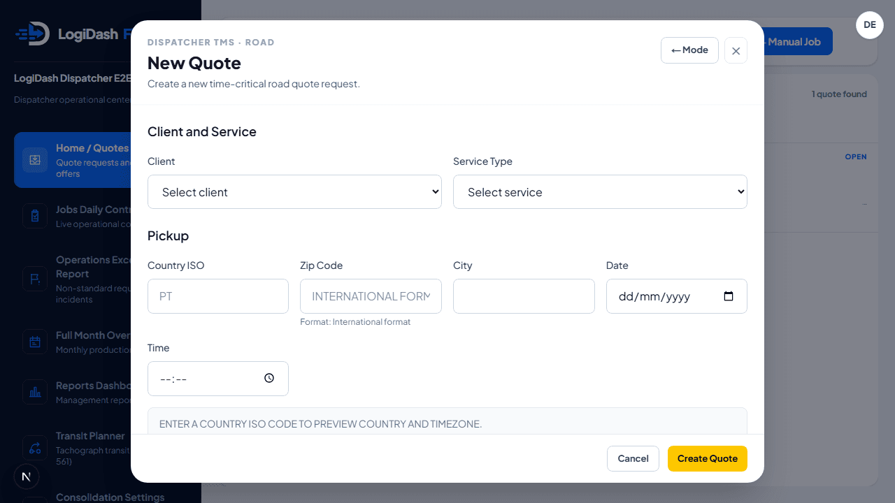 Dispatcher quote creation and control screen