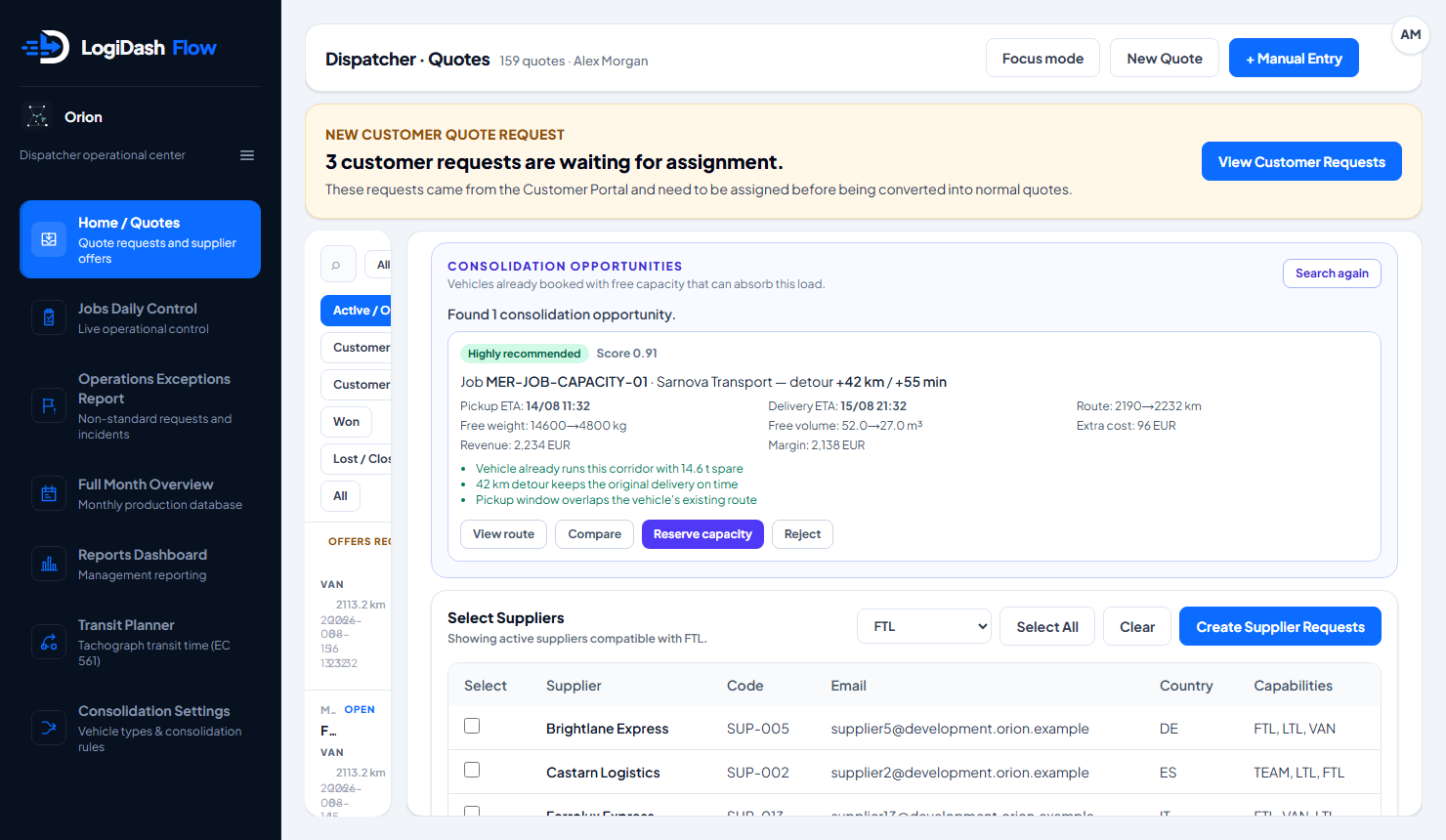 LogiDash Flow consolidation opportunity with detour, extra cost and resulting margin