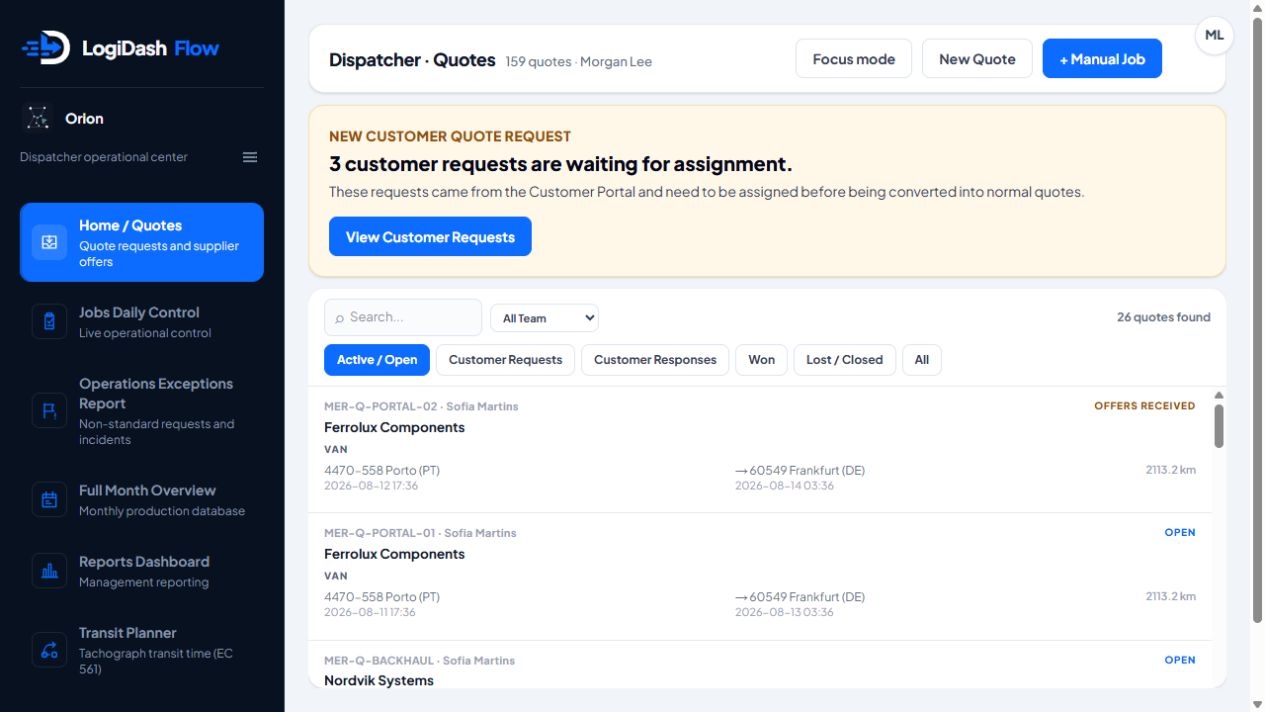 LogiDash Flow dispatcher quote requests and supplier offer control