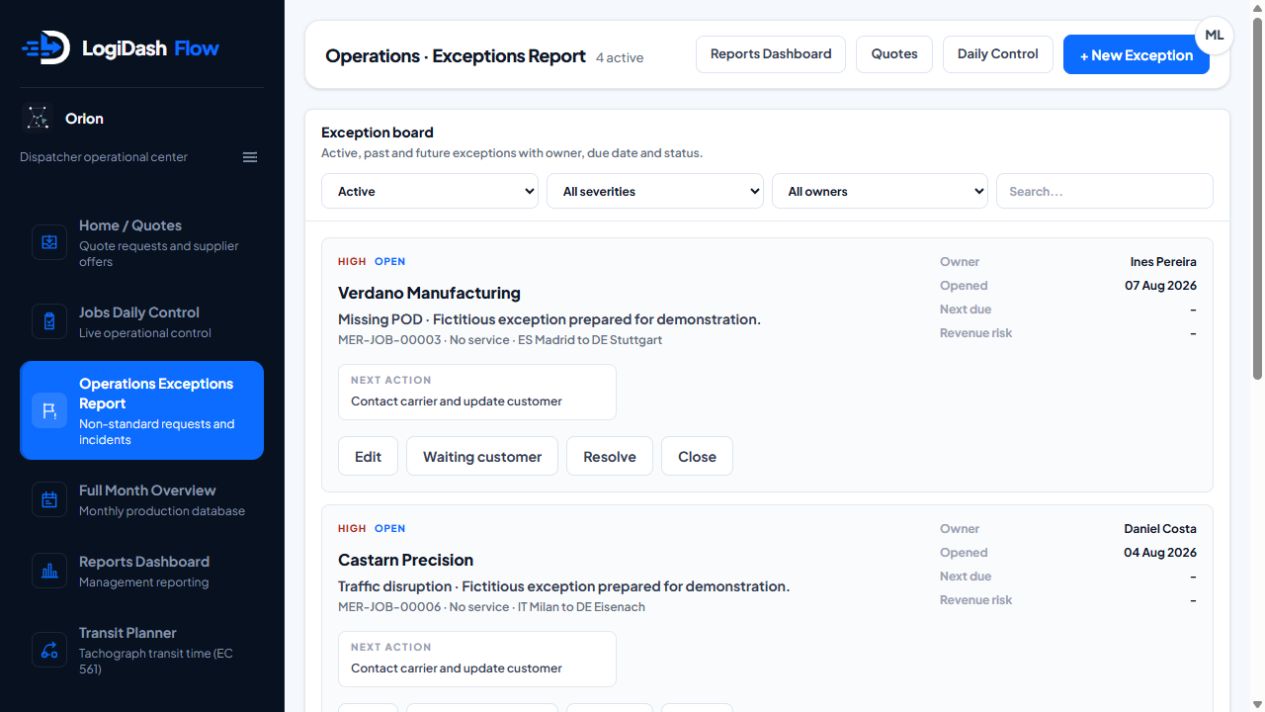 LogiDash Flow operational exceptions report