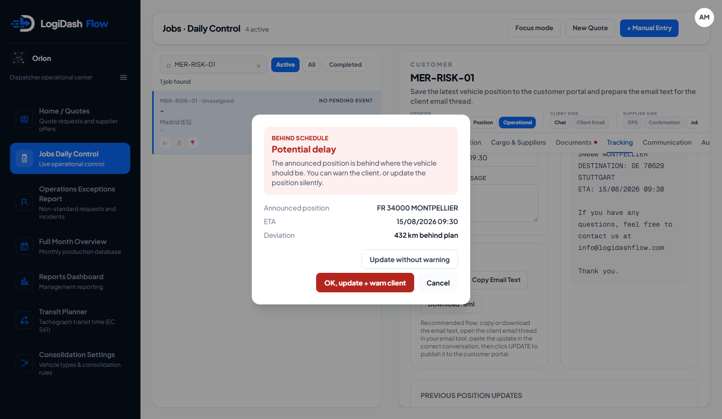 LogiDash Flow predictive delay check on an announced vehicle position