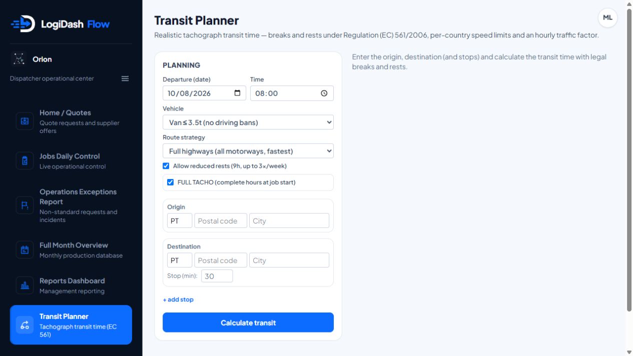 LogiDash Flow tachograph Transit Planner