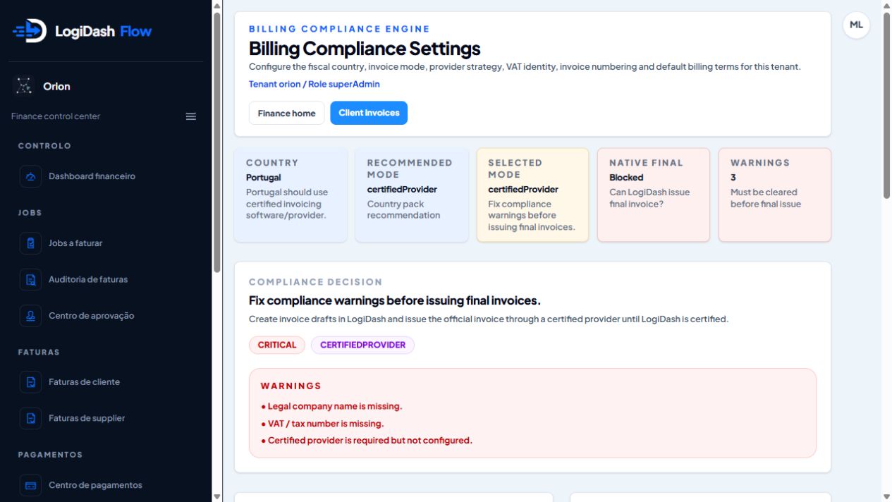 LogiDash Flow customer invoicing and billing compliance workspace