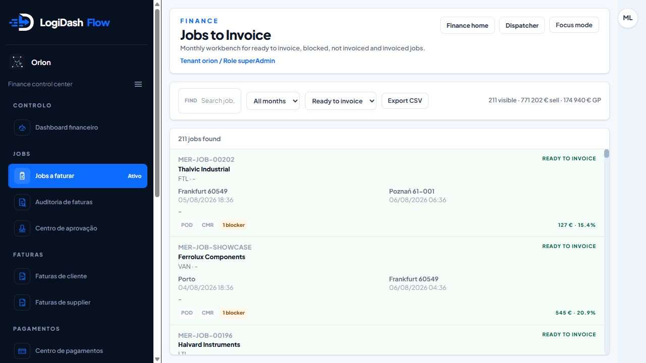 LogiDash Flow jobs-to-invoice margin workbench